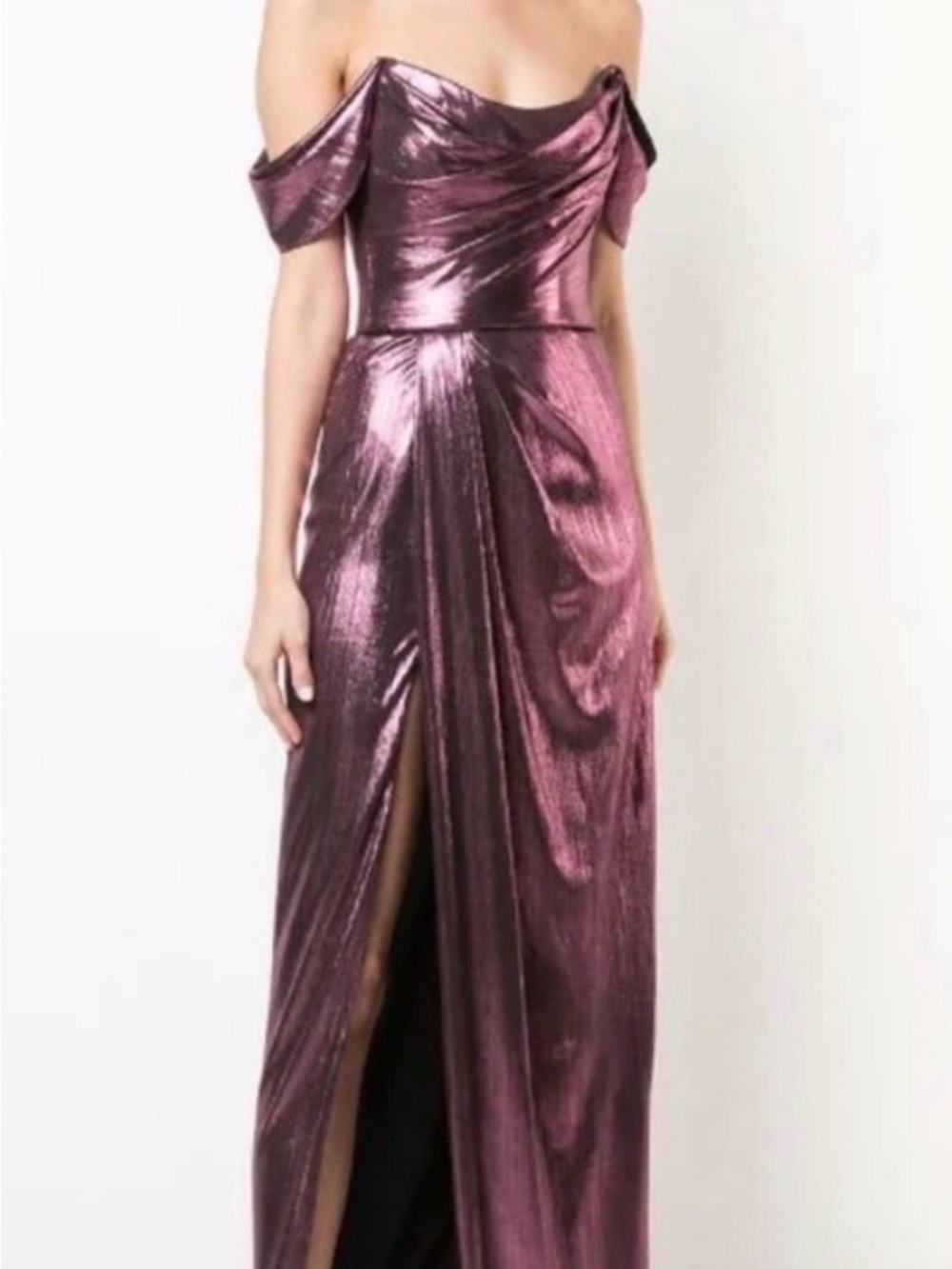 Marchesa Notte Metallic One-Shoulder Gown